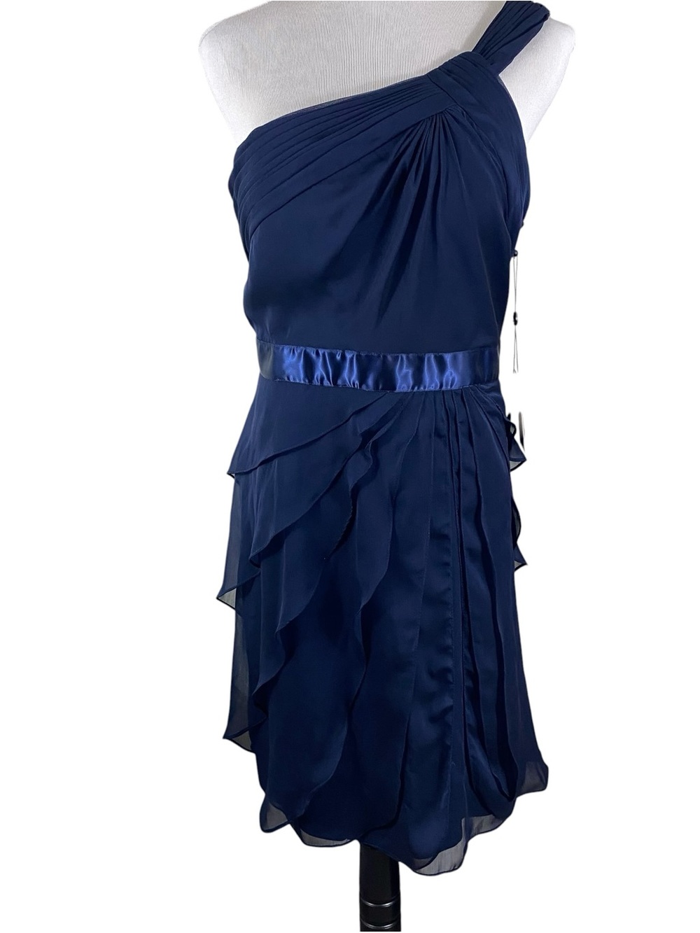 Adrianna Papell One Shoulder Ruched Tiered Chiffon Cocktail Dress Size 14 Navy